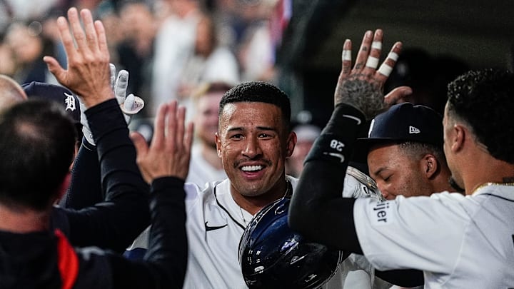 Detroit Tigers infielder Jahmai Jones celebrates with teammates in the dugout after batting a home run against Chicago Cubs during the eighth inning at Comerica Park in Detroit on Friday, June 6, 2025.