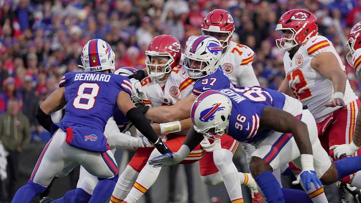 Buffalo Bills defensive end Joey Bosa sacks Kansas City Chiefs quarterback Patrick Mahomes. Buffalo Bills defensive end Joey Bosa sacks Kansas City Chiefs quarterback Patrick Mahomes.
