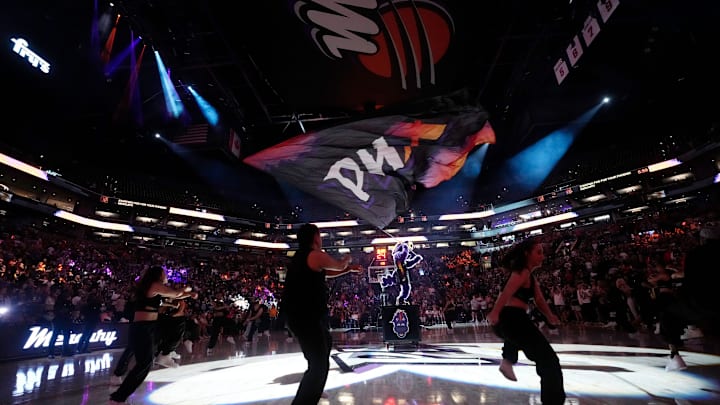 Scorch fires up the crowd before the Phoenix Mercury plays against the Dallas Wings in Phoenix, at PHX Arena on Jun 11, 2025.