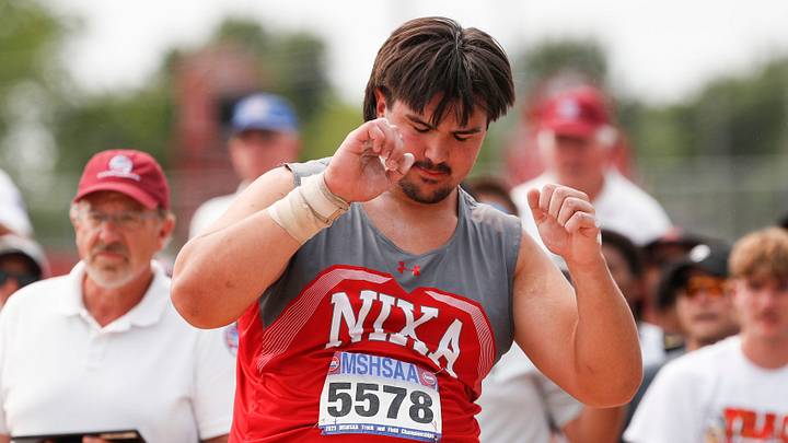 Nixa junior Jackson Cantwell reacts to a foul as he competed in the shot put competition on Saturday's MSHSAA state championships at Jefferson City High School.