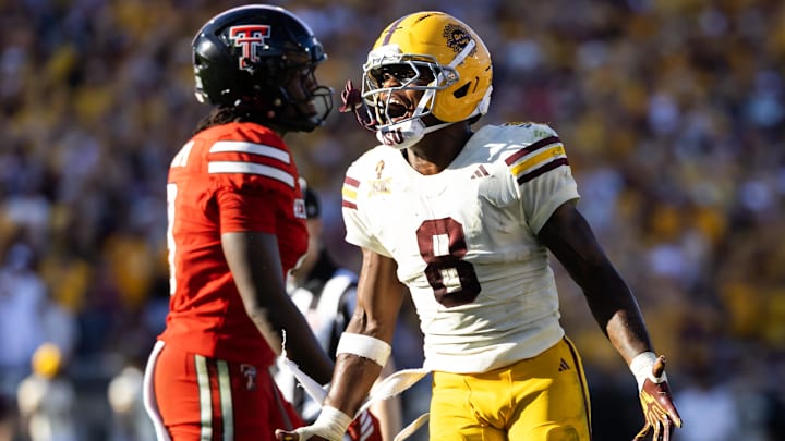 Oct 18, 2025; Tempe, Arizona, USA; Arizona State Sun Devils linebacker Jordan Crook (8) celebrates a play against the Texas Tech Red Raiders at Mountain America Stadium. Mandatory Credit: Mark J. Rebilas-Imagn Images