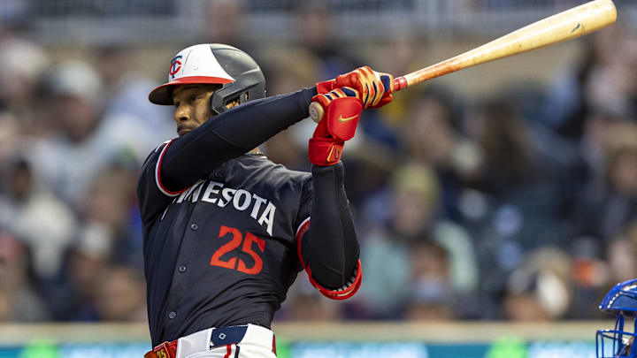 Apr 8, 2024; Minneapolis, Minnesota, USA; Minnesota Twins center fielder Byron Buxton (25) hits a