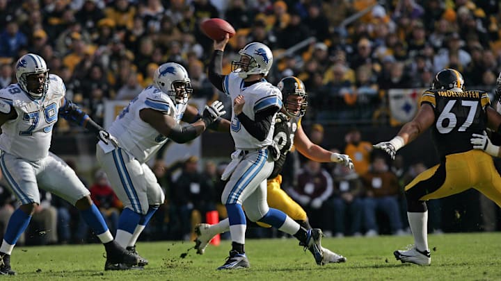 Jan 1, 2006; Pittsburgh, PA, USA; Detroit Lions quarterback (3) Joey Harrington throws the ball against the Pittsburgh Steelers at Heinz Field. Mandatory Credit: Tom Szczerbowski-Imagn Images Copyright © 2005 Tom Szczerbowski