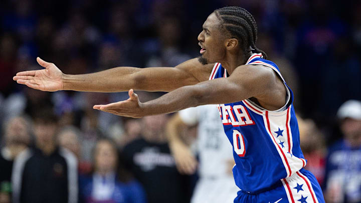 Dec 4, 2024; Philadelphia, Pennsylvania, USA; Philadelphia 76ers guard Tyrese Maxey (0) pleads for a foul call against the Orlando Magic after a play during the fourth quarter at Wells Fargo Center. Mandatory Credit: Bill Streicher-Imagn Images Dec 4, 2024; Philadelphia, Pennsylvania, USA; Philadelphia 76ers guard Tyrese Maxey (0) pleads for a foul call against the Orlando Magic after a play during the fourth quarter at Wells Fargo Center. Mandatory Credit: Bill Streicher-Imagn Images