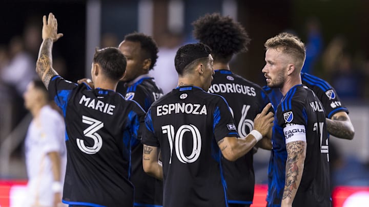 Jul 31, 2024; San Jose, California, USA;  San Jose Earthquakes forward Jeremy Ebobisse (11) is congratulated by other players after scoring a goal against the Los Angeles Galaxy during the second half at PayPal Park. Mandatory Credit: John Hefti-USA TODAY Sports