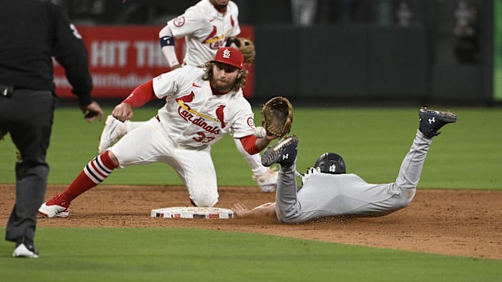 Brendan Donovan fields a ball at second base against the Seattle Mariners. Brendan Donovan fields a ball at second base against the Seattle Mariners.