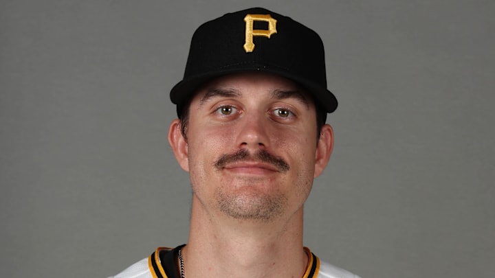 Feb 18, 2026; Bradenton, FL, USA; Pittsburgh Pirates pitcher Brandan Bidois (77) poses for a photo during media day at Pirate City. Mandatory Credit: Kim Klement Neitzel-Imagn Images