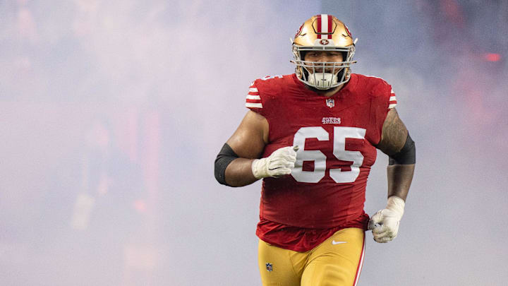 January 20, 2024; Santa Clara, CA, USA; San Francisco 49ers guard Aaron Banks (65) before a 2024 NFC divisional round game against the Green Bay Packers at Levi's Stadium. Mandatory Credit: Kyle Terada-Imagn Images January 20, 2024; Santa Clara, CA, USA; San Francisco 49ers guard Aaron Banks (65) before a 2024 NFC divisional round game against the Green Bay Packers at Levi's Stadium. Mandatory Credit: Kyle Terada-Imagn Images