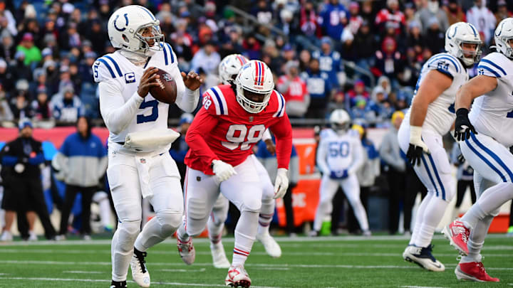Dec 1, 2024; Foxborough, Massachusetts, USA; Indianapolis Colts quarterback Anthony Richardson (5) looks to throw the ball during the first half against the New England Patriots at Gillette Stadium. Mandatory Credit: Bob DeChiara-Imagn Images