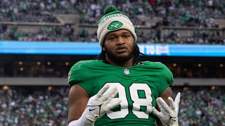 Dec 29, 2024; Philadelphia, Pennsylvania, USA; Philadelphia Eagles defensive tackle Jalen Carter (98) reacts on the sideline during the fourth quarter against the Dallas Cowboys at Lincoln Financial Field. Mandatory Credit: Bill Streicher-Imagn Images