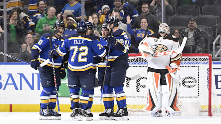Mar 17, 2024; St. Louis, Missouri, USA; Anaheim Ducks goaltender Lukas Dostal (1) looks on after