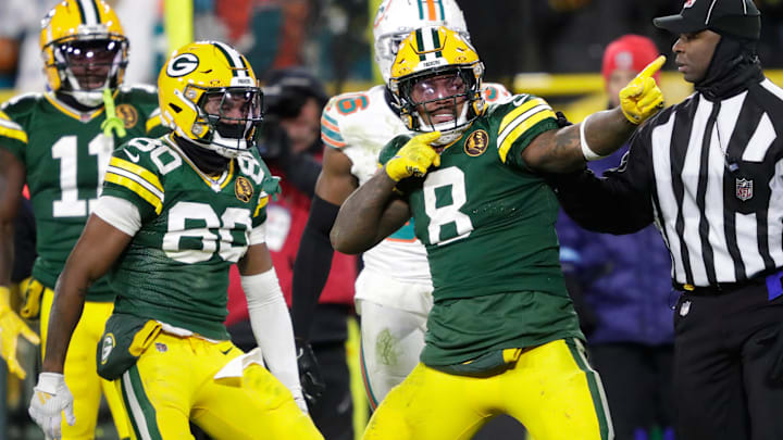 Green Bay Packers running back Josh Jacobs (8) celebrates after a long reception and run in the fourth quarter against the Miami Dolphins during their football game Thursday, November 28, 2024, at Lambeau Field in Green Bay, Wisconsin.
Dan Powers/USA TODAY NETWORK-Wisconsin. Green Bay Packers running back Josh Jacobs (8) celebrates after a long reception and run in the fourth quarter against the Miami Dolphins during their football game Thursday, November 28, 2024, at Lambeau Field in Green Bay, Wisconsin.
Dan Powers/USA TODAY NETWORK-Wisconsin.