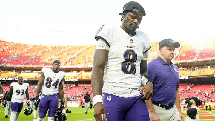 Sep 28, 2025; Kansas City, Missouri, USA; Baltimore Ravens quarterback Lamar Jackson (8) leaves the field after a game against the Kansas City Chiefs at GEHA Field at Arrowhead Stadium. Mandatory Credit: Jay Biggerstaff-Imagn Images Sep 28, 2025; Kansas City, Missouri, USA; Baltimore Ravens quarterback Lamar Jackson (8) leaves the field after a game against the Kansas City Chiefs at GEHA Field at Arrowhead Stadium. Mandatory Credit: Jay Biggerstaff-Imagn Images