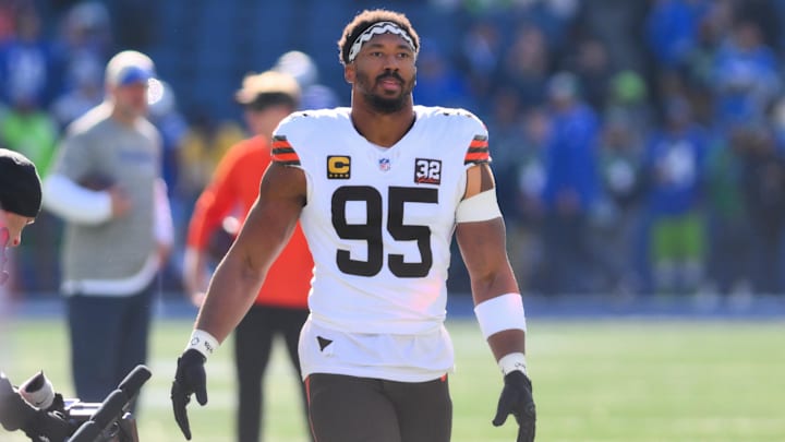 Oct 29, 2023; Seattle, Washington, USA; Cleveland Browns defensive end Myles Garrett (95) during warmups prior to the game against the Seattle Seahawks at Lumen Field. Mandatory Credit: Steven Bisig-USA TODAY Sports