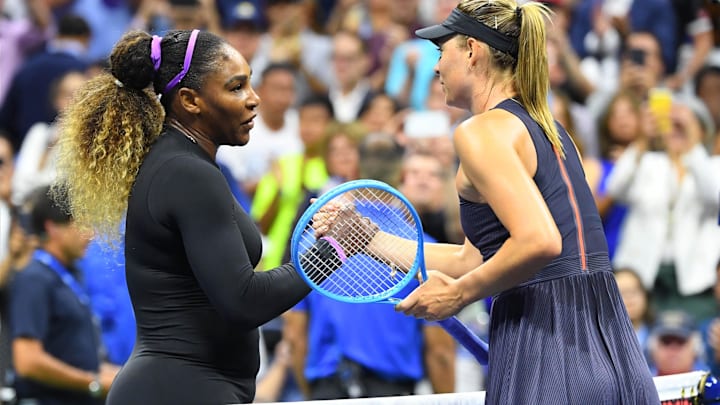 Serena Williams of the USA shakes hands with Maria Sharapova of Russia after their first round match on day one of the 2019 U.S. Open tennis tournament. Serena Williams of the USA shakes hands with Maria Sharapova of Russia after their first round match on day one of the 2019 U.S. Open tennis tournament.
