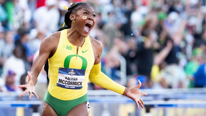 Oregon’s Aaliyah McCormick wins the women’s 100-meter hurdles on the final day of the NCAA Outdoor Track and Field Championships on June 14, 2025, at Hayward Field in Eugene.