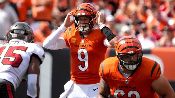 Cincinnati Bengals quarterback Joe Burrow (9) yells out instructions to his teammates during home opener against the Tampa Bay Buccaneers at Paycor Stadium on September 13, 2026. The Bengals beat the Buccaneers 27-33. Cincinnati Bengals quarterback Joe Burrow (9) yells out instructions to his teammates during home opener against the Tampa Bay Buccaneers at Paycor Stadium on September 13, 2026. The Bengals beat the Buccaneers 27-33.