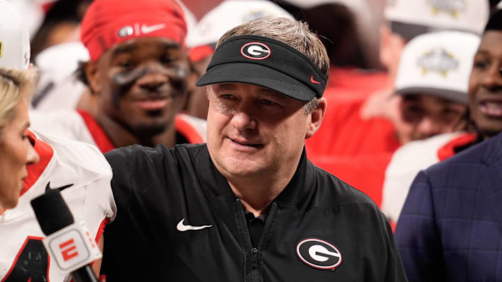 Dec 6, 2025; Atlanta, GA, USA; Georgia Bulldogs head coach Kirby Smart looks on after the game against the Alabama Crimson Tide during the 2025 SEC Championship game at Mercedes-Benz Stadium. Mandatory Credit: Dale Zanine-Imagn Images