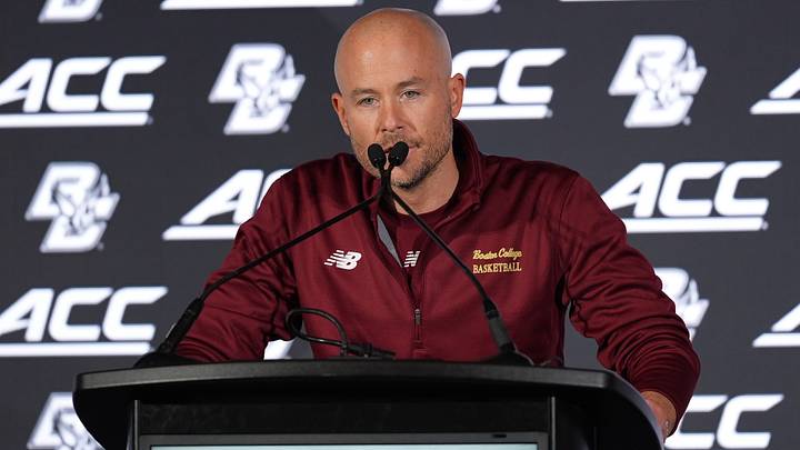 Oct 6, 2026; Charlotte, NC, USA;  Boston College Eagles head coach Luke Murray speaks to the media at the ACC Tip-Off in Charlotte, NC.  Mandatory Credit: Jim Dedmon-Imagn Images