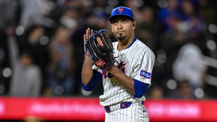 Apr 15, 2024; New York City, New York, USA; New York Mets pitcher Edwin Díaz reacts after getting a save against the Pittsburgh Pirates at Citi Field. Mandatory Credit: John Jones-Imagn Images