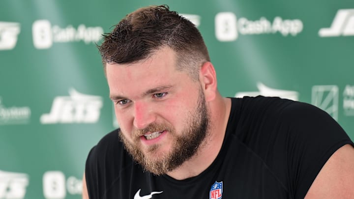 Jul 25, 2025; Florham Park, NJ, USA; New York Jets center Josh Myers (71) speaks to the media during training camp at Atlantic Health Jets Training Center. Mandatory Credit: John Jones-Imagn Images Jul 25, 2025; Florham Park, NJ, USA; New York Jets center Josh Myers (71) speaks to the media during training camp at Atlantic Health Jets Training Center. Mandatory Credit: John Jones-Imagn Images
