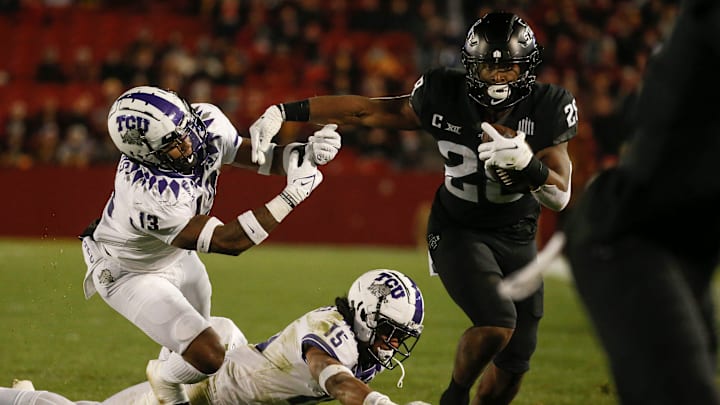 Iowa State junior running back Breece Hall runs a pass reception into the end zone for a touchdown in the third quarter against TCU on Friday, Nov. 26, 2021, at Jack Trice Stadium in Ames.20211126 Iowa state vs tcu