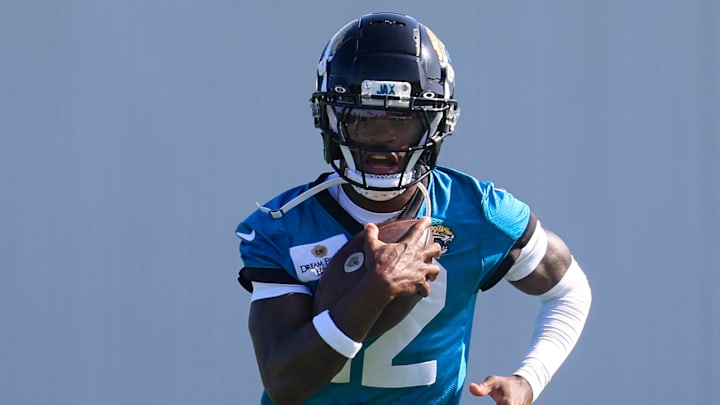 Jacksonville Jaguars wide receiver Travis Hunter (12) runs the ball during the second mandatory minicamp at Miller Electric Center Wednesday, June 11, 2025 in Jacksonville, Fla.