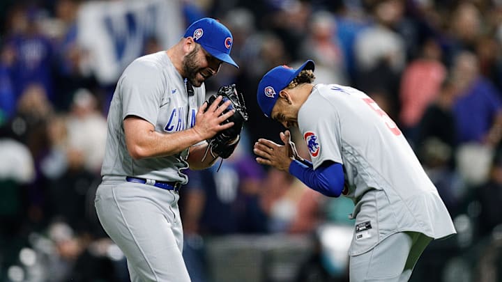 Sep 11, 2023; Denver, Colorado, USA; Chicago Cubs relief pitcher Michael Fulmer (32) and designated hitter Christopher Morel (5) celebrate after the game against the Colorado Rockies at Coors Field. Mandatory Credit: Isaiah J. Downing-Imagn Images Sep 11, 2023; Denver, Colorado, USA; Chicago Cubs relief pitcher Michael Fulmer (32) and designated hitter Christopher Morel (5) celebrate after the game against the Colorado Rockies at Coors Field. Mandatory Credit: Isaiah J. Downing-Imagn Images