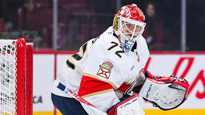 Jan 8, 2026; Montreal, Quebec, CAN; Florida Panthers Sergei Sergei Bobrovsky (72) tends the net during warm-up before the game against the Montreal Canadiens at Bell Centre. Mandatory Credit: David Kirouac-Imagn Images