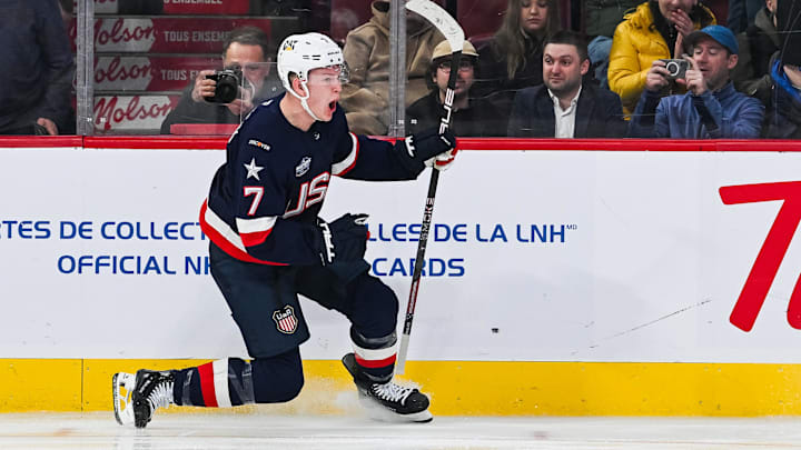 Feb 13, 2025; Montreal, Quebec, CAN; [Imagn Images direct customers only] Team USA forward Brady Tkachuk (7) celebrates his goal against Team Finland in the third period during a 4 Nations Face-Off ice hockey game at Bell Centre. Mandatory Credit: David Kirouac-Imagn Images