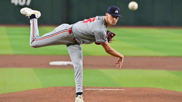 Jun 27, 2024; Phoenix, Arizona, USA;  Minnesota Twins pitcher David Festa (58) throws in the first inning against the Arizona Diamondbacks at Chase Field. Mandatory Credit: Matt Kartozian-USA TODAY Sports