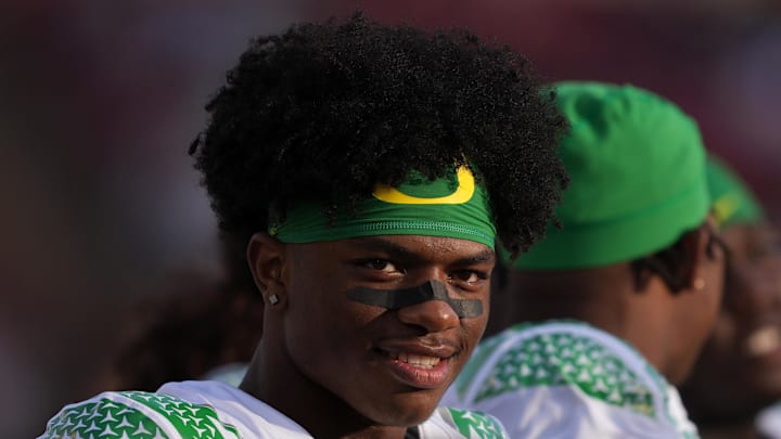 Sep 30, 2023; Stanford, California, USA; Oregon Ducks linebacker Jerry Mixon (54) during the third quarter against the Stanford Cardinal at Stanford Stadium. 
