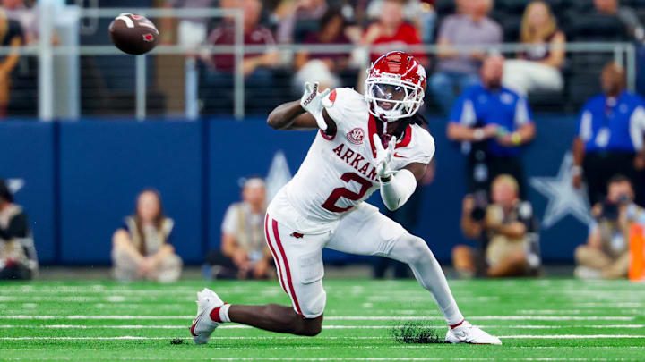 Sep 28, 2024; Arlington, Texas, USA; Arkansas Razorbacks wide receiver Andrew Armstrong (2) makes a catch during the second half against the Texas A&M Aggies at AT&T Stadium. Mandatory Credit: Kevin Jairaj-Imagn Images