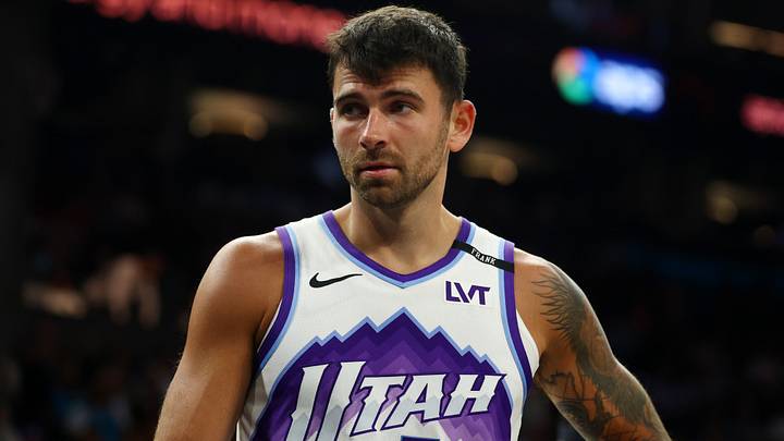 Utah Jazz guard John Konchar looks on (Mandatory Credit: Mark J. Rebilas-Imagn Images)