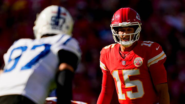 Nov 23, 2025; Kansas City, Missouri, USA; Kansas City Chiefs quarterback Patrick Mahomes (15) checks the defends prior to the snap during the first half against the Indianapolis Colts at GEHA Field at Arrowhead Stadium. Mandatory Credit: Jay Biggerstaff-Imagn Images Nov 23, 2025; Kansas City, Missouri, USA; Kansas City Chiefs quarterback Patrick Mahomes (15) checks the defends prior to the snap during the first half against the Indianapolis Colts at GEHA Field at Arrowhead Stadium. Mandatory Credit: Jay Biggerstaff-Imagn Images