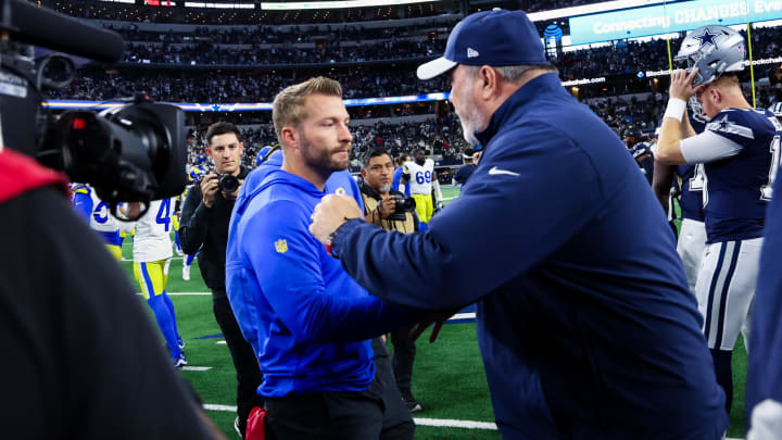 Oct 29, 2023; Arlington, Texas, USA; Los Angeles Rams head coach Sean McVay greets Dallas Cowboys head coach Mike McCarthy after the game at AT&T Stadium. Oct 29, 2023; Arlington, Texas, USA; Los Angeles Rams head coach Sean McVay greets Dallas Cowboys head coach Mike McCarthy after the game at AT&T Stadium.