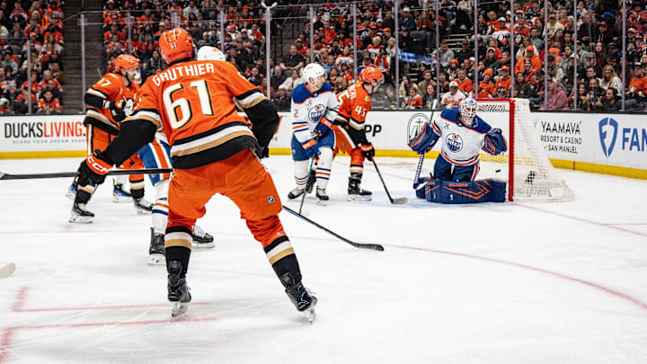 Apr 26, 2026; Anaheim, California, USA; Anaheim Ducks left wing Cutter Gauthier (61) scores a goal during the second period against the Edmonton Oilers in game four of the first round of the 2026 Stanley Cup Playoffs at Honda Center. Mandatory Credit: Corinne Votaw-Imagn Images
