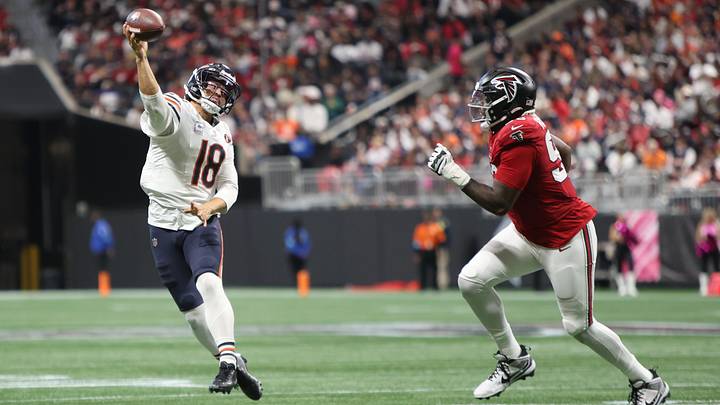 Caleb Williams rolls and throws against the Falcons in the third quarter of Sunday's win. Caleb Williams rolls and throws against the Falcons in the third quarter of Sunday's win.