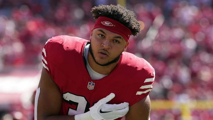 Oct 6, 2024; Santa Clara, California, USA; San Francisco 49ers running back Isaac Guerendo (31) before the game against the Arizona Cardinals at Levi's Stadium. Mandatory Credit: Darren Yamashita-Imagn Images Oct 6, 2024; Santa Clara, California, USA; San Francisco 49ers running back Isaac Guerendo (31) before the game against the Arizona Cardinals at Levi's Stadium. Mandatory Credit: Darren Yamashita-Imagn Images