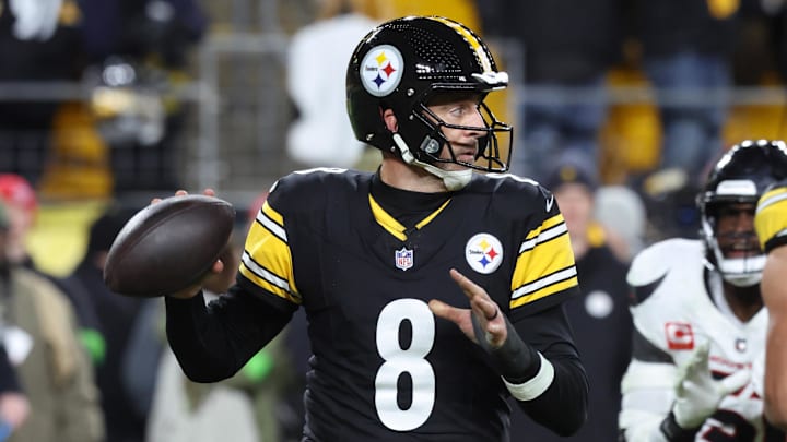 Jan 12, 2026; Pittsburgh, PA, USA; Pittsburgh Steelers quarterback Aaron Rodgers (8) looks to throw during the second half of an AFC Wild Card Round game against the Houston Texans at Acrisure Stadium. Mandatory Credit: Charles LeClaire-Imagn Images