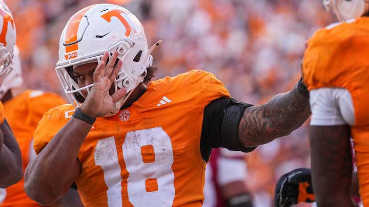 Tennessee running back DeSean Bishop (18) celebrates scoring a touchdown during a football game between Tennessee and Alabama at Neyland Stadium in Knoxville, Tenn., on Oct. 17, 2026. Tennessee running back DeSean Bishop (18) celebrates scoring a touchdown during a football game between Tennessee and Alabama at Neyland Stadium in Knoxville, Tenn., on Oct. 17, 2026.