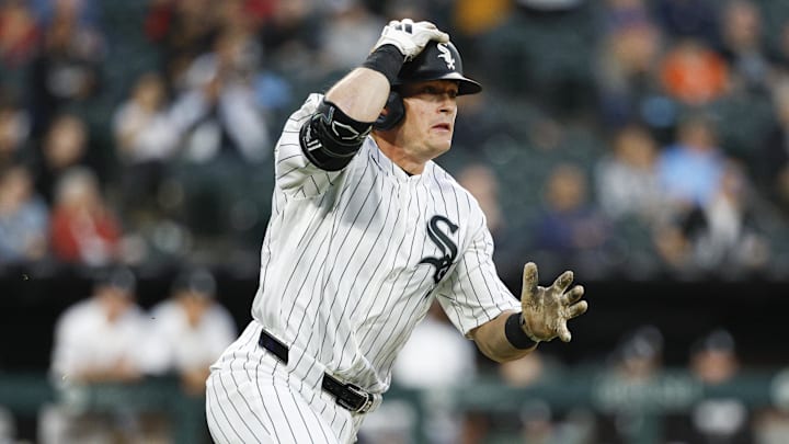 Apr 15, 2026; Chicago, Illinois, USA; Chicago White Sox second baseman Sam Antonacci (17) runs after hitting a single against the Tampa Bay Rays during the second inning at Rate Field. Mandatory Credit: Kamil Krzaczynski-Imagn Images