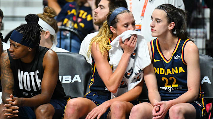 Sep 22, 2024; Uncasville, Connecticut, USA; Indiana Fever guard Lexie Hull (10) talks with Indiana Fever guard Caitlin Clark (22) in the fourth quarter during game one of the first round of the 2024 WNBA Playoffs at Mohegan Sun Arena. Mandatory Credit: Mark Smith-Imagn Images Sep 22, 2024; Uncasville, Connecticut, USA; Indiana Fever guard Lexie Hull (10) talks with Indiana Fever guard Caitlin Clark (22) in the fourth quarter during game one of the first round of the 2024 WNBA Playoffs at Mohegan Sun Arena. Mandatory Credit: Mark Smith-Imagn Images