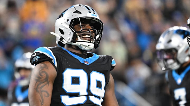 Carolina Panthers defensive tackle Tershawn Wharton (99) reacts in the third quarter in an NFC Wild Card Round game Carolina Panthers defensive tackle Tershawn Wharton (99) reacts in the third quarter in an NFC Wild Card Round game