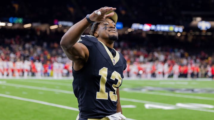 Aug 13, 2023; New Orleans, Louisiana, USA; New Orleans Saints wide receiver Michael Thomas (13) tells the fans to quite down against the Kansas City Chiefs during the second half at the Caesars Superdome. Mandatory Credit: Stephen Lew-USA TODAY Sports Aug 13, 2023; New Orleans, Louisiana, USA; New Orleans Saints wide receiver Michael Thomas (13) tells the fans to quite down against the Kansas City Chiefs during the second half at the Caesars Superdome. Mandatory Credit: Stephen Lew-USA TODAY Sports