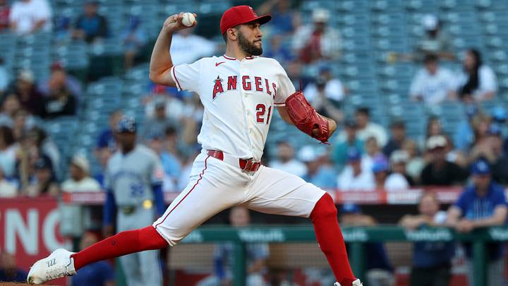 Aug 14, 2026; Anaheim, California, USA;  Los Angeles Angels pitcher Grayson Rodriguez (21) pitches during the first inning against the Kansas City Royals at Angel Stadium. Mandatory Credit: Kiyoshi Mio-Imagn Images