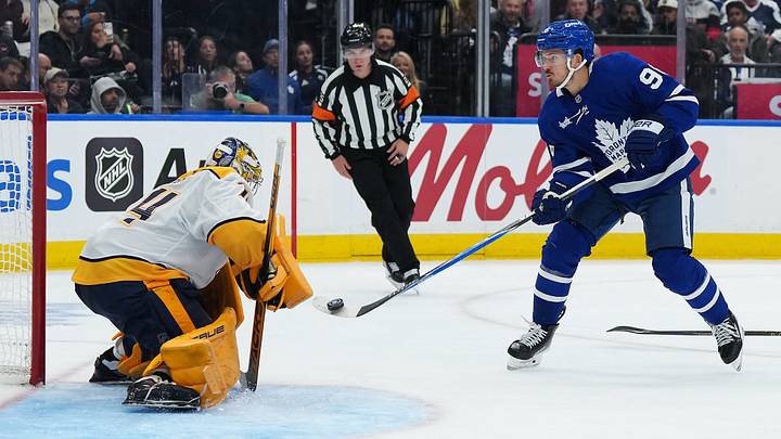 Oct 6, 2026; Toronto, Ontario, CAN; Toronto Maple Leafs center Jack Roslovic (96) scores a goal against the Nashville Predators during the third period at Scotiabank Arena. Mandatory Credit: Nick Turchiaro-Imagn Images Oct 6, 2026; Toronto, Ontario, CAN; Toronto Maple Leafs center Jack Roslovic (96) scores a goal against the Nashville Predators during the third period at Scotiabank Arena. Mandatory Credit: Nick Turchiaro-Imagn Images
