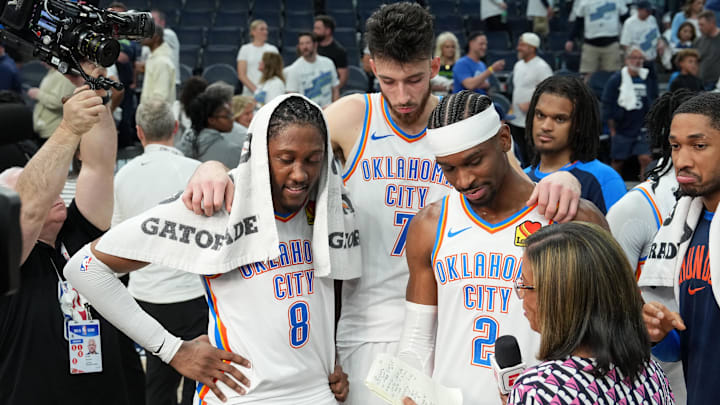 May 26, 2025; Minneapolis, Minnesota, USA; Oklahoma City Thunder forward Jalen Williams (8), forward Chet Holmgren (7) and guard Shai Gilgeous-Alexander (2) talk to the media after defeating the Minnesota Timberwolves in game four of the western conference finals for the 2025 NBA Playoffs at Target Center. Mandatory Credit: Jesse Johnson-Imagn Images May 26, 2025; Minneapolis, Minnesota, USA; Oklahoma City Thunder forward Jalen Williams (8), forward Chet Holmgren (7) and guard Shai Gilgeous-Alexander (2) talk to the media after defeating the Minnesota Timberwolves in game four of the western conference finals for the 2025 NBA Playoffs at Target Center. Mandatory Credit: Jesse Johnson-Imagn Images