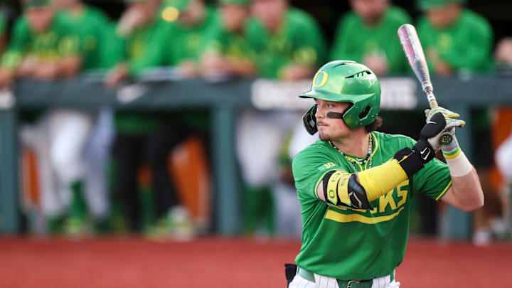 Oregon outfielder Mason Neville (26) prepares to bat during the game against Oregon State on Tuesday, April 29, 2025 at Goss Stadium in Corvallis, Ore. Oregon outfielder Mason Neville (26) prepares to bat during the game against Oregon State on Tuesday, April 29, 2025 at Goss Stadium in Corvallis, Ore.