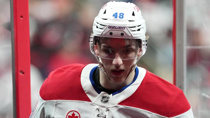 May 23, 2026; Raleigh, North Carolina, USA; Montréal Canadiens defenseman Lane Hutson (48) leaves the ice after warms up before a game against the before the game against the Carolina Hurricanes in game two of the Eastern Conferene Final of the 2026 Stanley Cup Playoffs at Lenovo Center. Mandatory Credit: James Guillory-Imagn Images